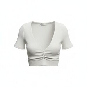 Zara Crop Top Women Medium White Excellent Ribbed Ruched V-Neck Short Sleeve